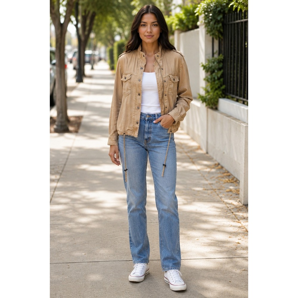Rails Women XS Tan Utility Jacket Snap Front Drawstring Streetwear Linen Blend